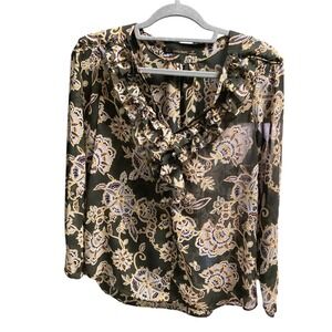 ZARA BASIC Floral Ruffle Neck Long Sleeve Sheer Blouse Gray S